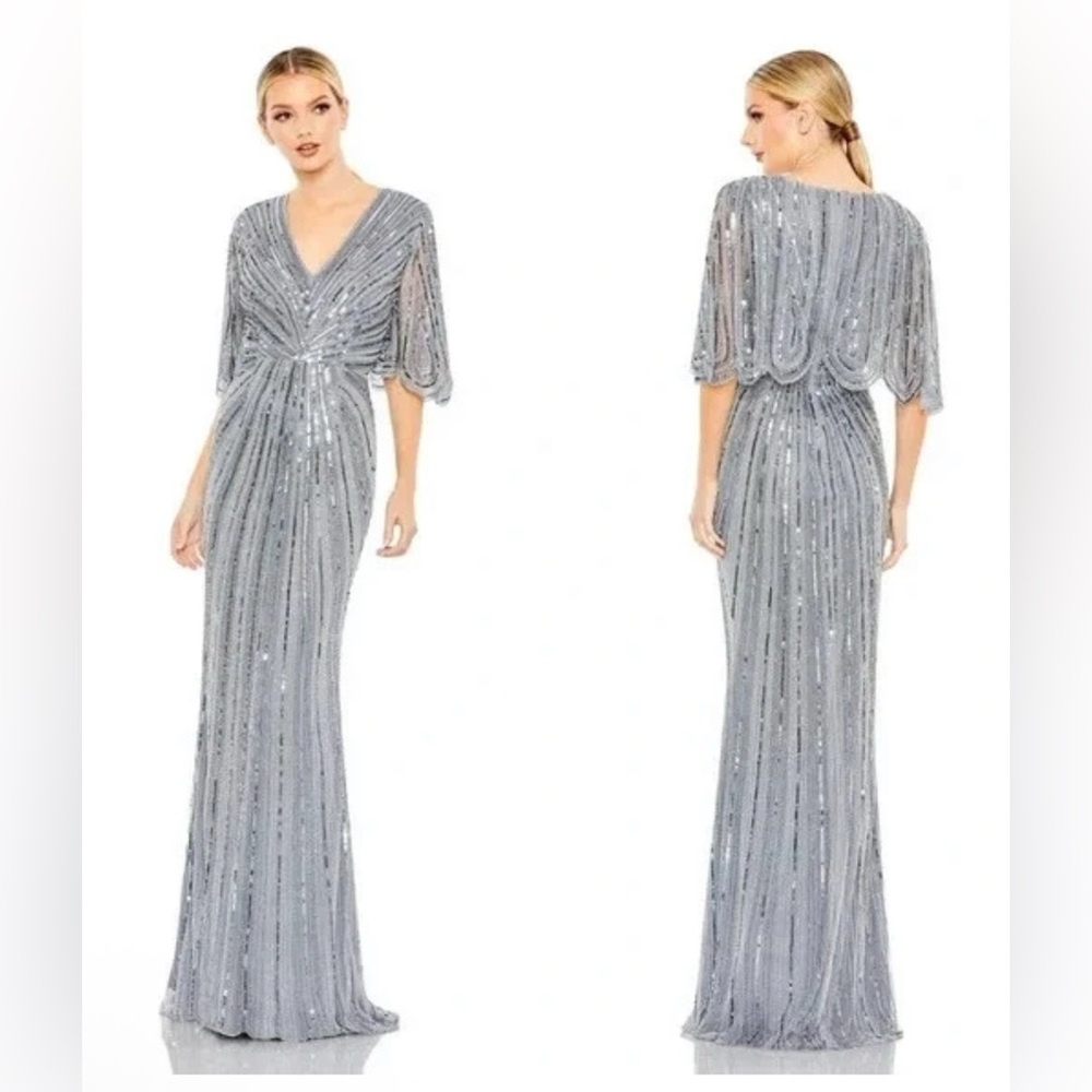 Mac Duggal Slate Blue Beaded Sequin Capelet Sleeve Column Gown Size 20 $698